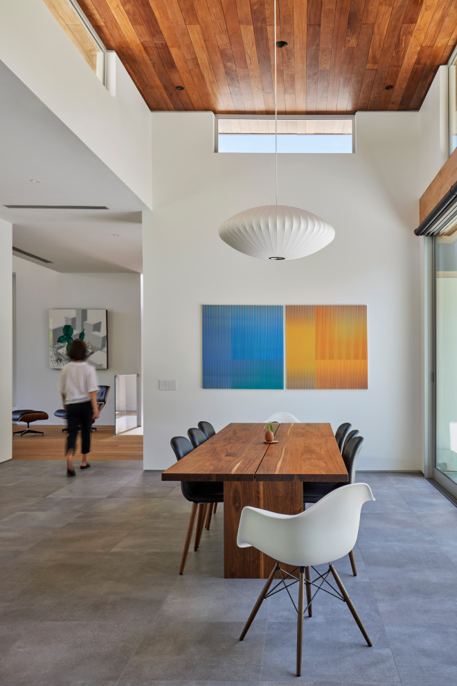 Стильный дизайн: большая кухня-столовая в стиле модернизм с белыми стенами, полом из керамогранита, серым полом и деревянным потолком - последний тренд