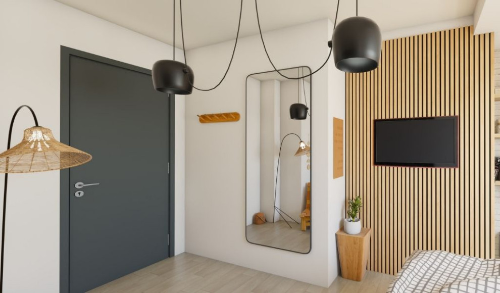Foto di una camera da letto stile loft tropicale di medie dimensioni con pareti arancioni, pavimento in laminato, nessun camino, pavimento marrone e pareti in legno