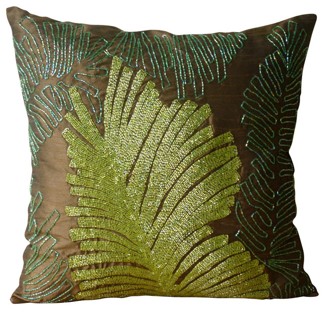Beaded Leaf Brown Art Silk Pillow Case Rain Forest Tropical