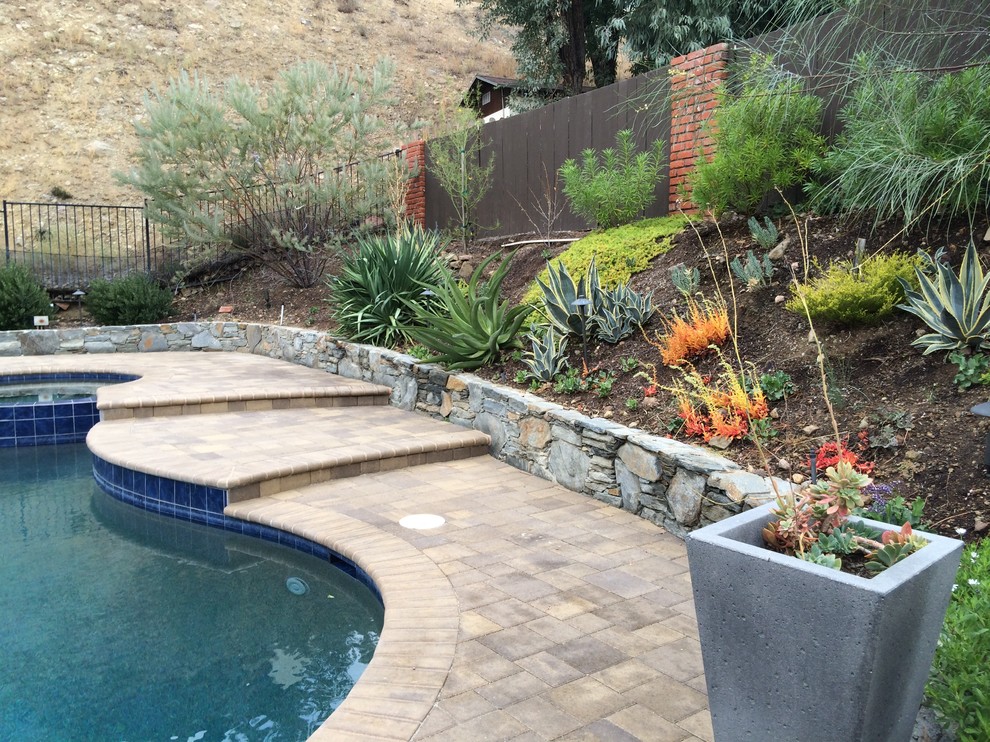 Inspiration for a large mediterranean backyard full sun garden for summer in Los Angeles with concrete pavers.