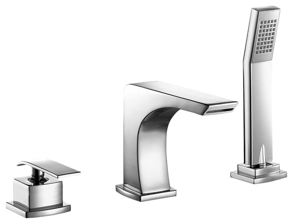 Modern Single Handle Chrome Roman Tub Faucet with Matching Hand Shower