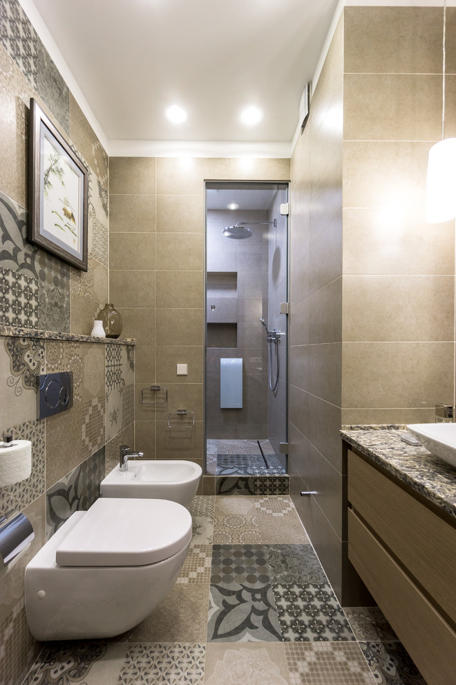 Inspiration for a mid-sized contemporary 3/4 bathroom in Moscow with flat-panel cabinets, medium wood cabinets, an alcove shower, a bidet, brown tile, porcelain tile, porcelain floors, a vessel sink, solid surface benchtops, brown floor, a hinged shower door and multi-coloured benchtops.