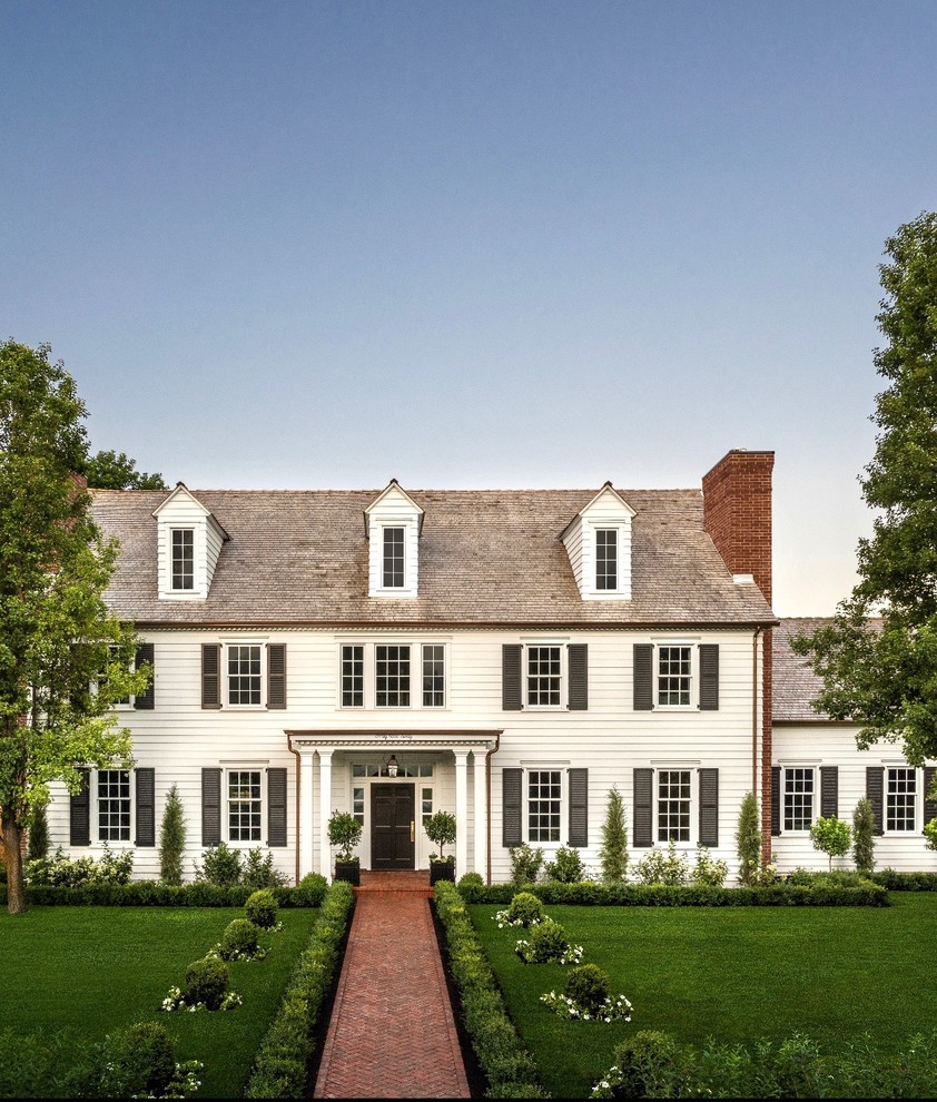 Inspiration for a traditional two-storey white house exterior in Salt Lake City with a gable roof and a shingle roof.