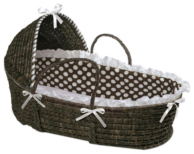 Badger Basket Co Espresso Moses With Hood Brown Polka Dot Bedding