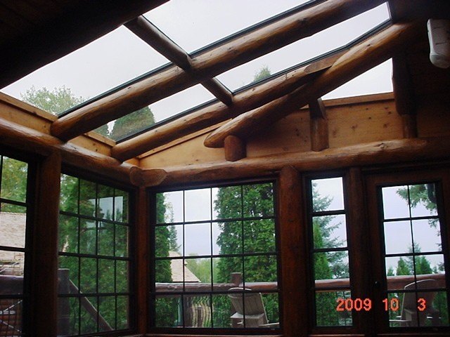 Inspiration for an arts and crafts sunroom in Other with dark hardwood floors and a skylight.