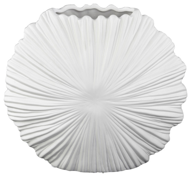 Elliptical Ceramic Vase With Seashell Design Matte White Finish