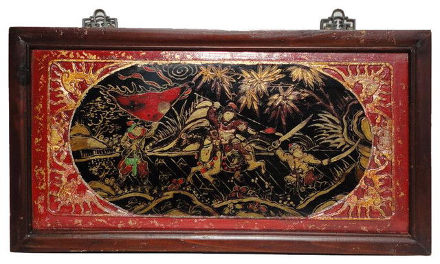 Chinese Vintage Opera Battle Scenery Decorative Wooden Panel