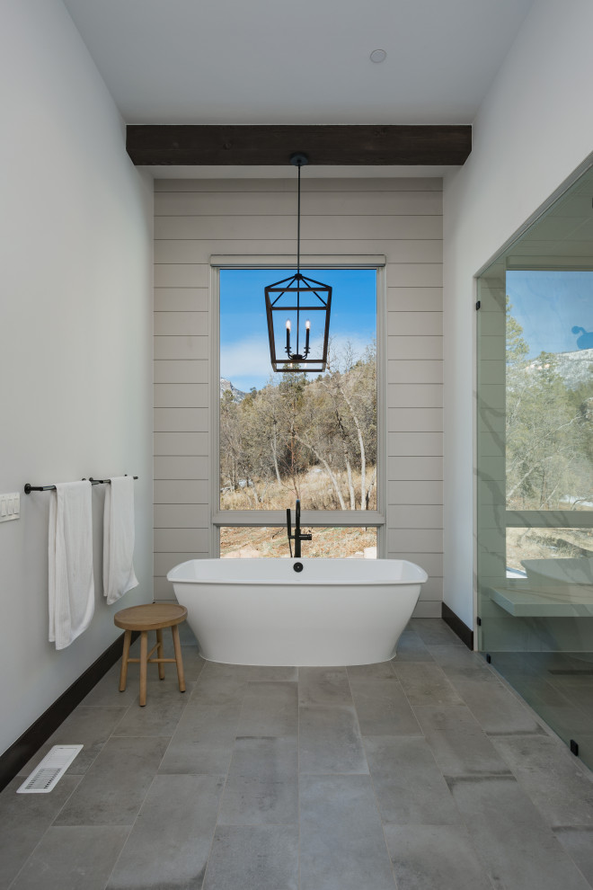 Country bathroom in Denver with a freestanding tub, white walls, a hinged shower door and a double vanity.