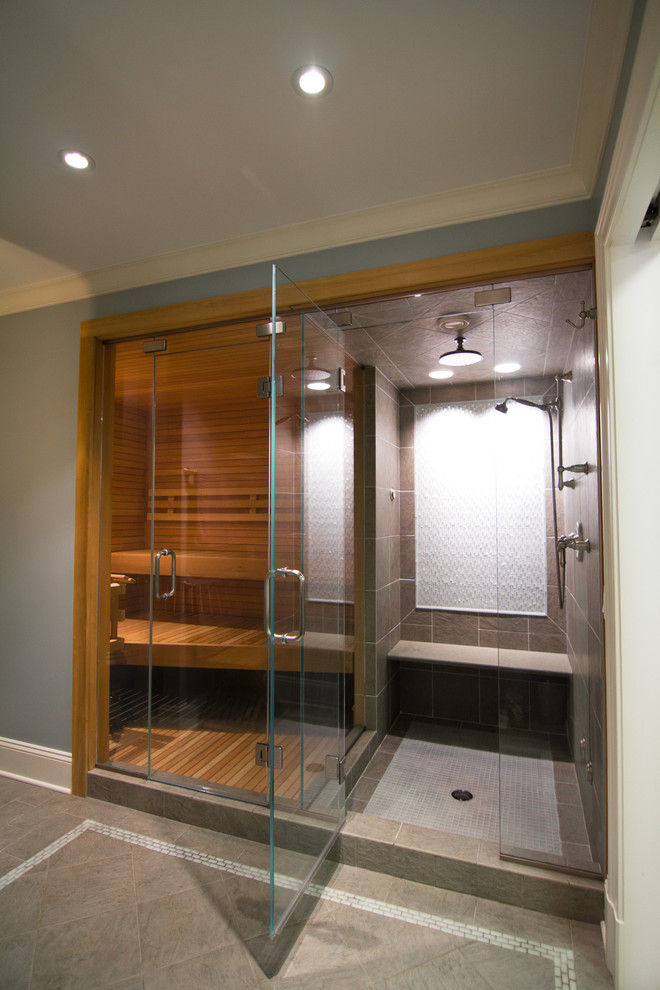 Contemporary bathroom in New York with with a sauna.