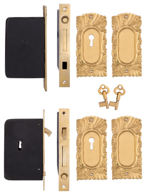 Roanoke Keyed Double Pocket Door Set Polished Brass