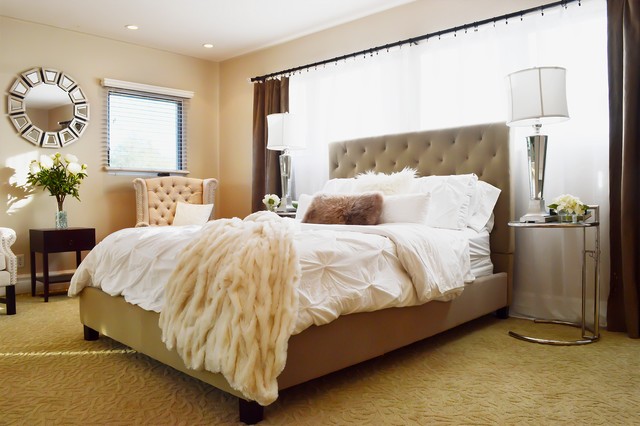 Neutral Bedroom With Tufted Bed Chairs And Mirrored