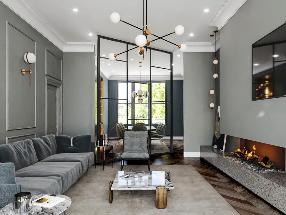 Photo of a large contemporary enclosed living room in London with grey walls, a ribbon fireplace, a tile fireplace surround, a wall-mounted tv and brown floor.