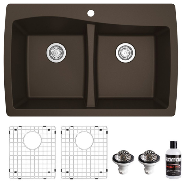 Karran Drop-In Quartz 34" 1-Hole 50/50 Double Bowl Sink Kit, Brown