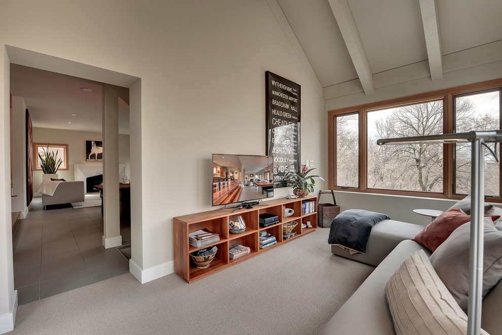 Contemporary family room in Minneapolis with beige walls, carpet and a freestanding tv.
