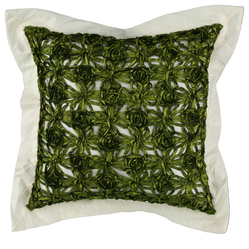 Mono-tone Ivory with Crushed Border with Green Overlay Pillow 18" Square