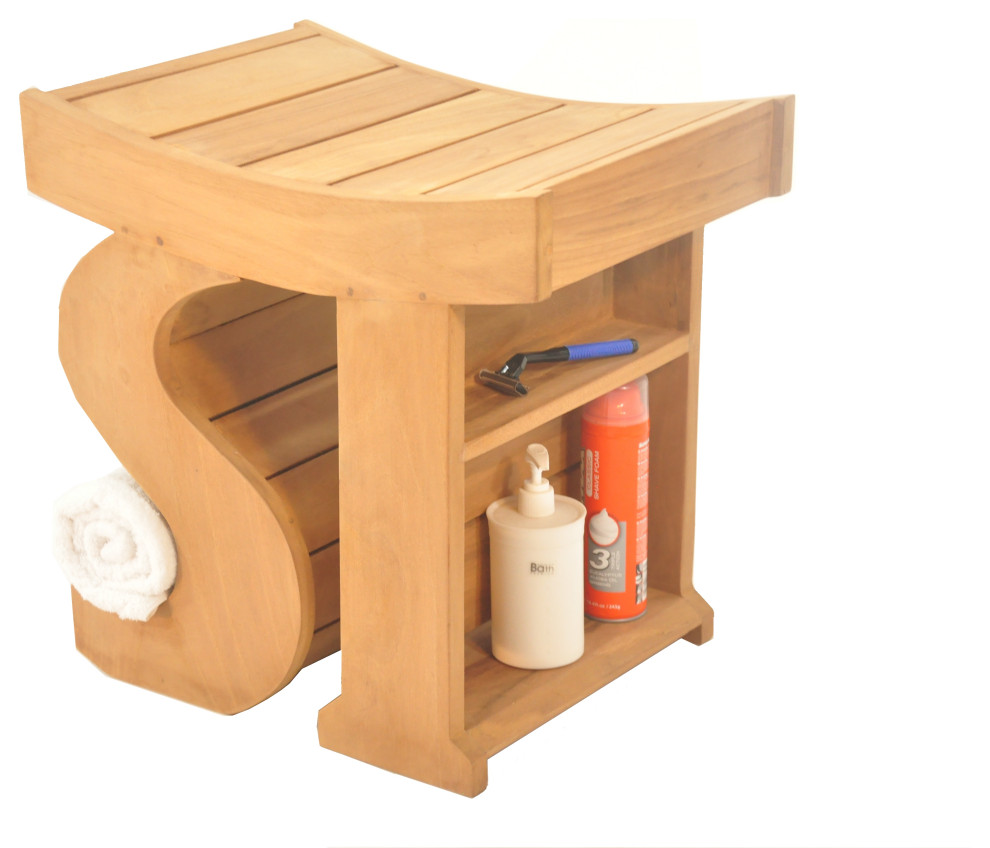 18" Outdoor Teak Patio Sparta Shower Bench With Side Shelf, Symbol ST