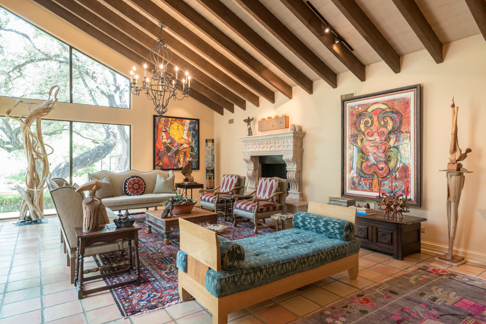 This is an example of an expansive eclectic formal open concept living room in Other with yellow walls and a stone fireplace surround.