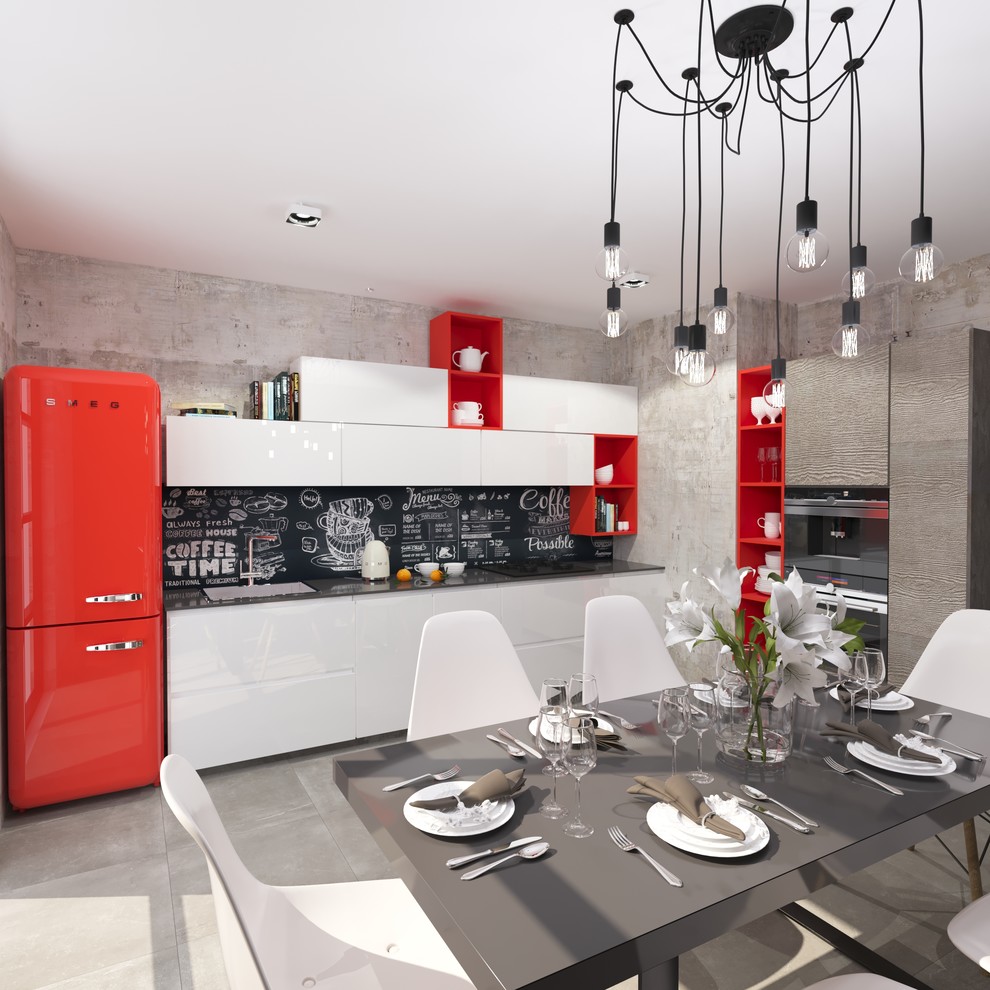 Уютная современная кухня с красными полками