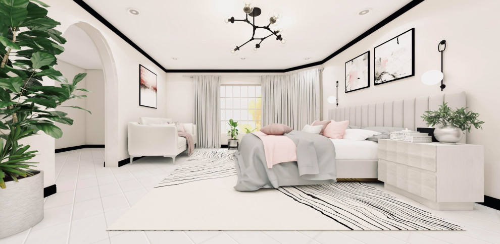 Идея дизайна: большая хозяйская спальня в стиле модернизм с белыми стенами, полом из керамогранита и белым полом