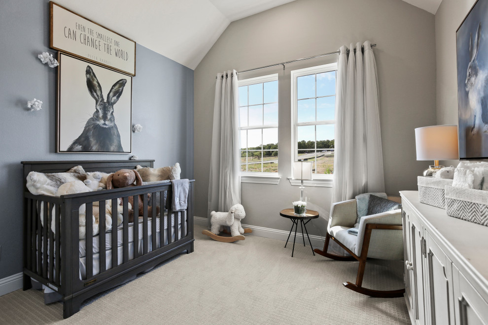 Inspiration for a mid-sized contemporary nursery in Dallas with blue walls, carpet and beige floor.