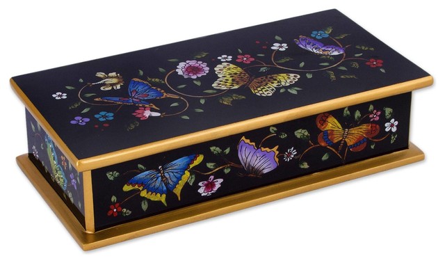 Novica Glorious Butterflies, Black Reverse-Painted Glass Decorative Box