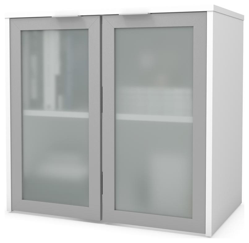 i3 Plus Hutch with Frosted Glass Doors in White Transitional Desks
