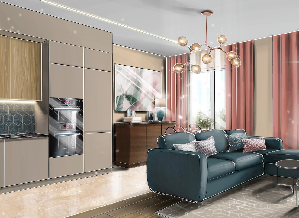 Гостиная-кухня с синим диваном