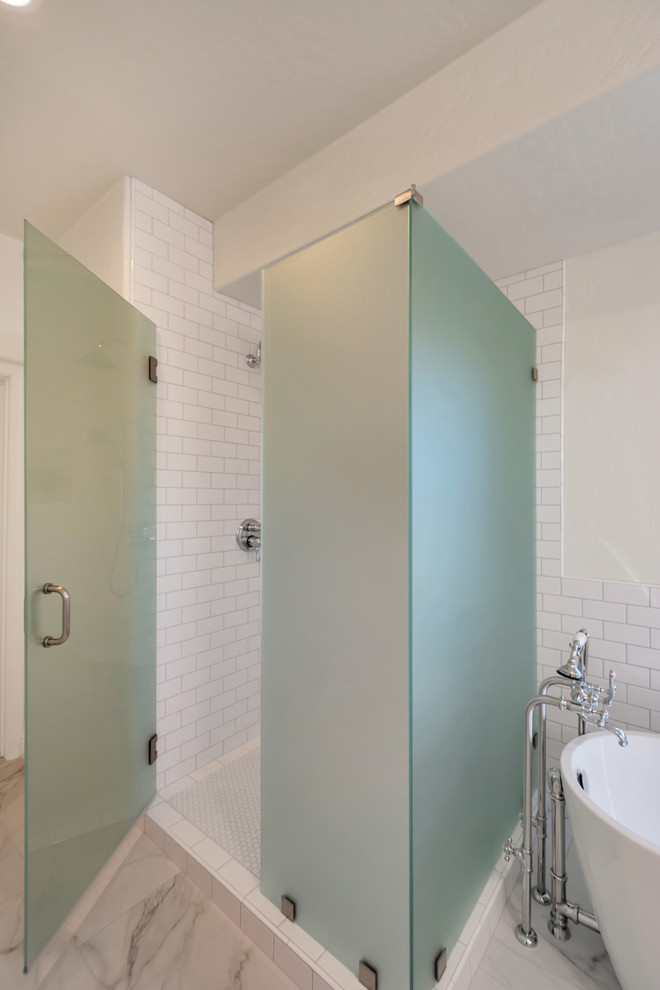 Freestanding bathtub - mid-sized transitional master white tile and subway tile porcelain tile and white floor freestanding bathtub idea in Phoenix with a hinged shower door