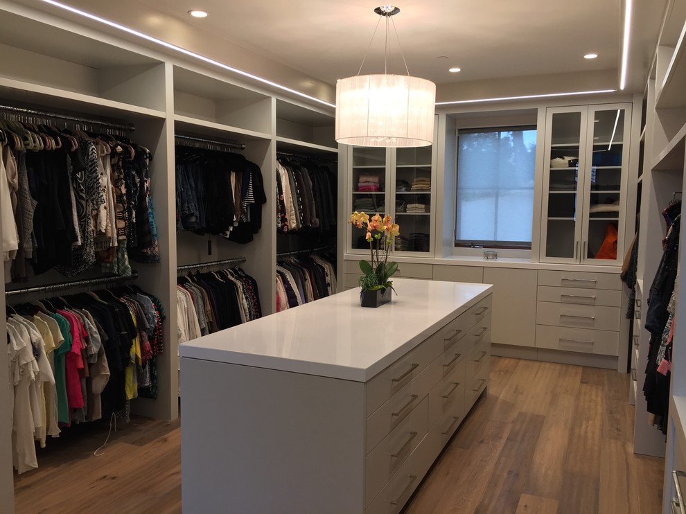 Photo of a large transitional women's walk-in wardrobe in San Francisco with flat-panel cabinets, grey cabinets and light hardwood floors.