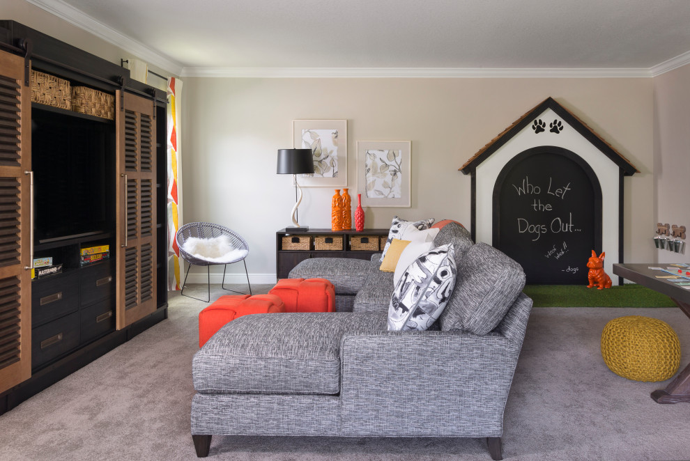 Vibrant Playroom - For a canine loving family, a dog themed playroom was the logical choice.  With two boys and a girl, the gender neutral theme works for all of the kids.  Our team fabricated an oversized chalkboard in the shape of a dog house complete with cedar shake shingles.  Dog pails hold the chalk and erasers as well as treats for the family's three dogs.