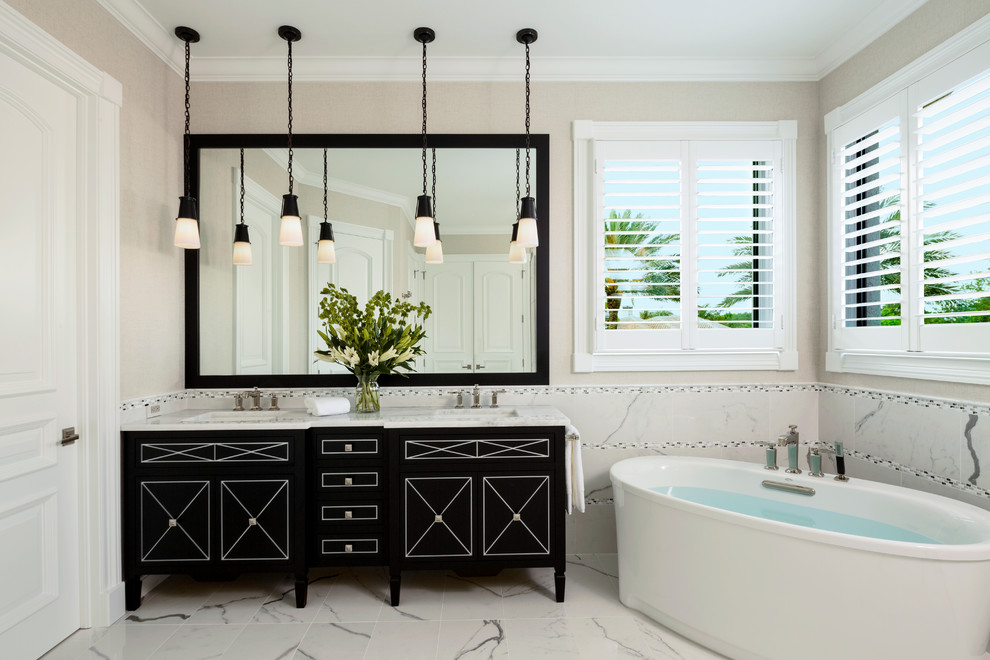 Inspiration for a mid-sized transitional bathroom in Other with flat-panel cabinets, black cabinets, a freestanding tub, a corner shower, multi-coloured tile, marble floors, an undermount sink, marble benchtops, multi-coloured floor and an open shower.