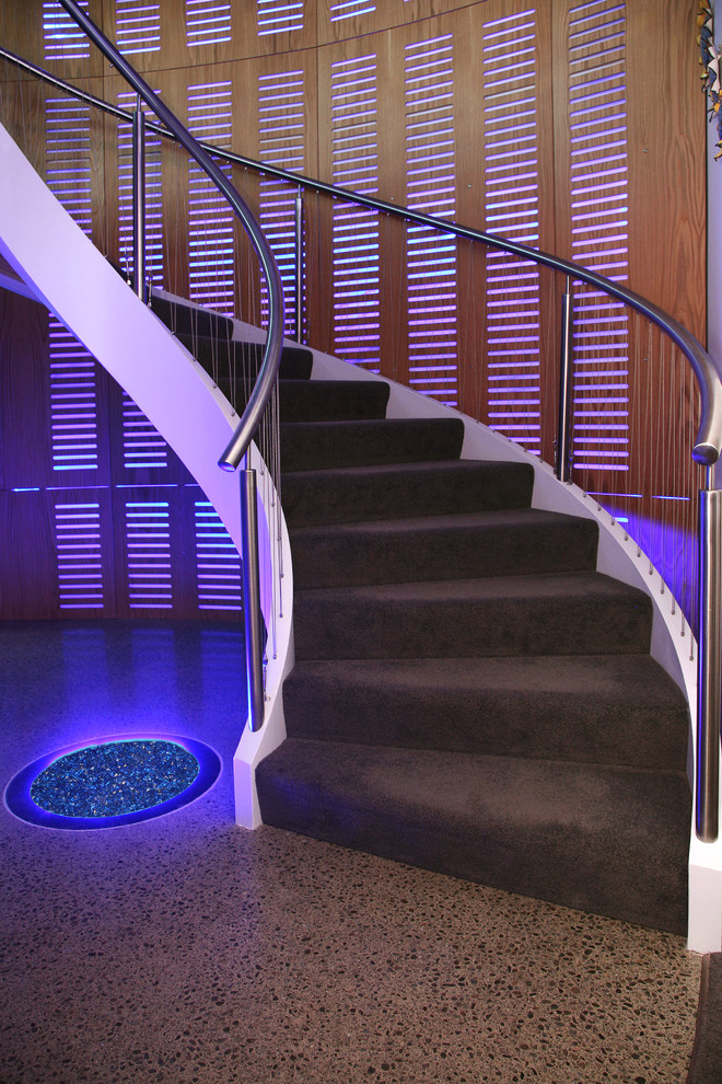 Photo of a transitional carpeted curved staircase in Wellington with carpet risers.
