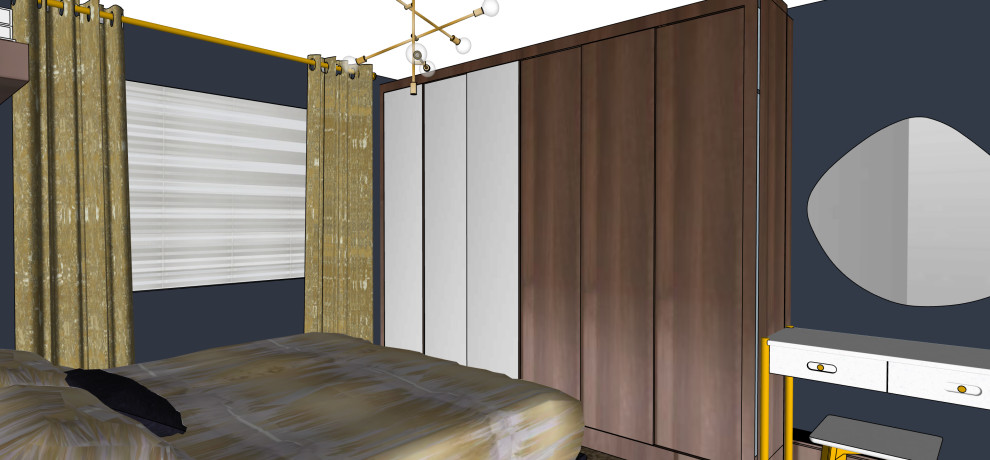 Kleines Modernes Hauptschlafzimmer mit blauer Wandfarbe, blauem Boden und Tapetenwänden in Essex