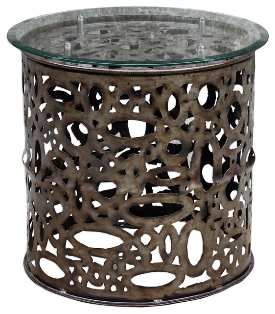 Industrial Abstract Circles Pierced Metal Barrel Table Round Fretwork Drum