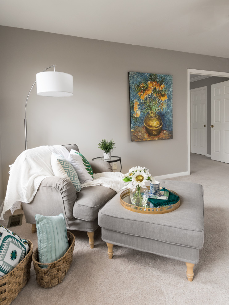Inspiration for a mid-sized transitional open concept carpeted and white floor family room remodel in St Louis with gray walls, no fireplace and no tv