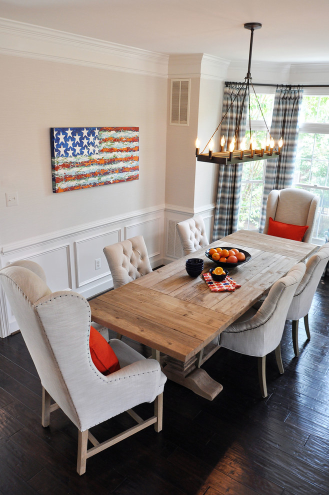 Photo of a country dining room in DC Metro with beige walls and dark hardwood floors.