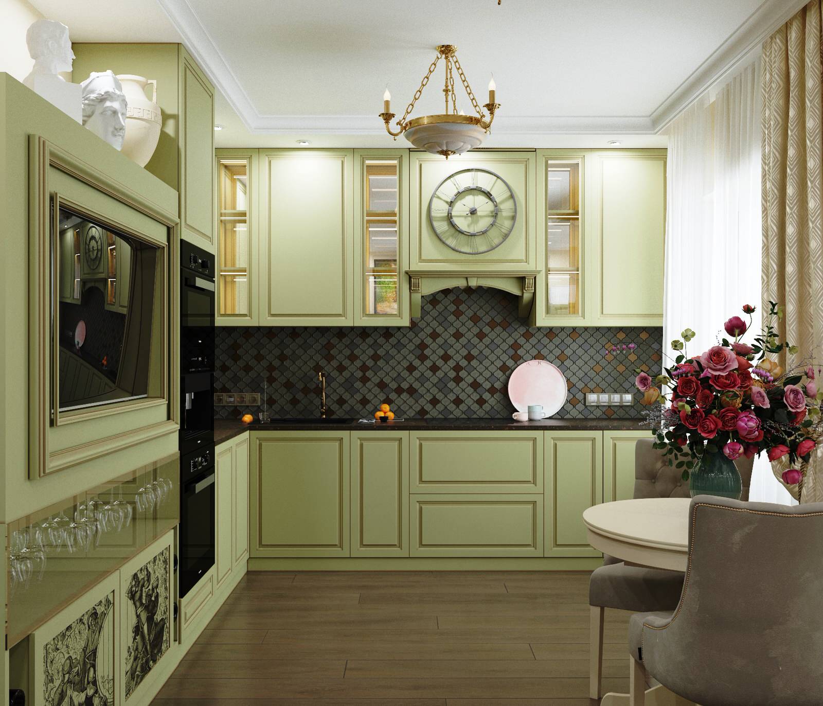 Кухня в оливковых тонах с винным шкафом, стиль новая классика