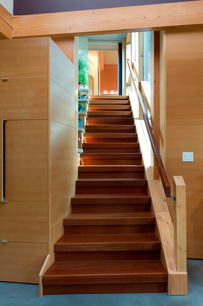 This is an example of a contemporary wood staircase in Calgary with wood risers.