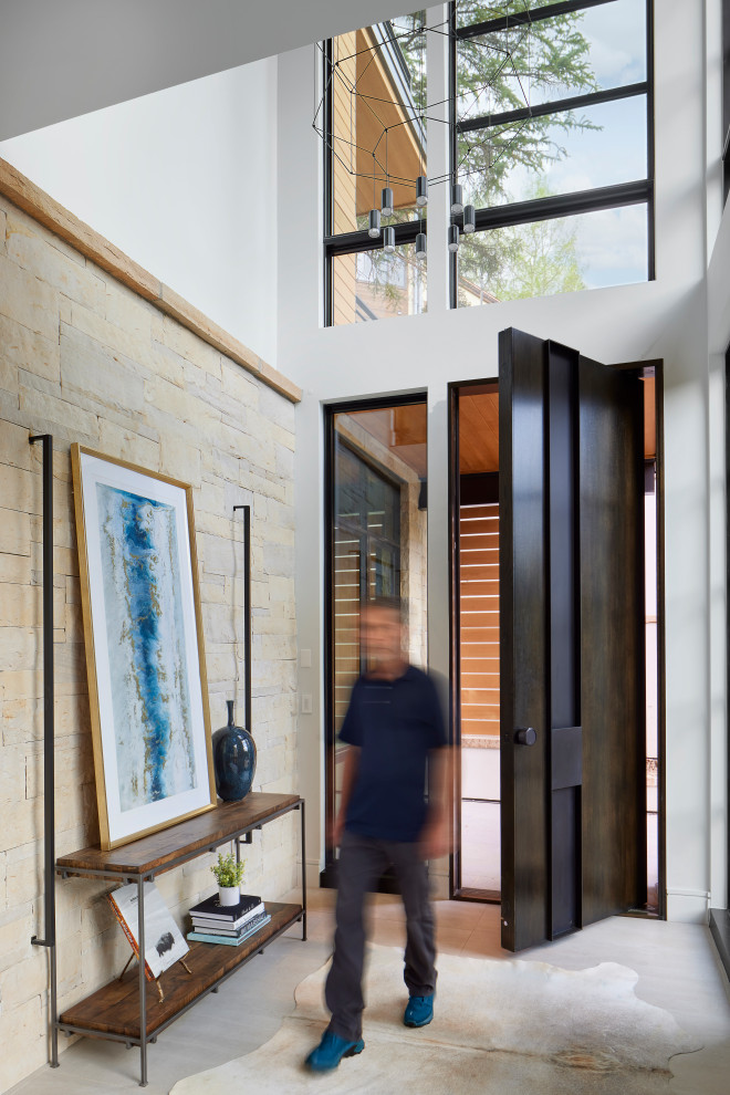 Design ideas for an expansive contemporary foyer in Denver with white walls, porcelain floors, a pivot front door, a dark wood front door, beige floor and vaulted.