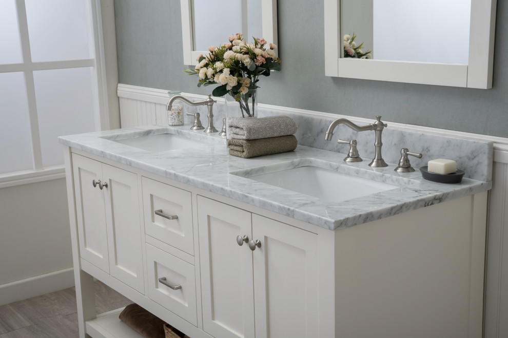 Bathroom - large transitional master bathroom idea with shaker cabinets, an undermount sink and marble countertops