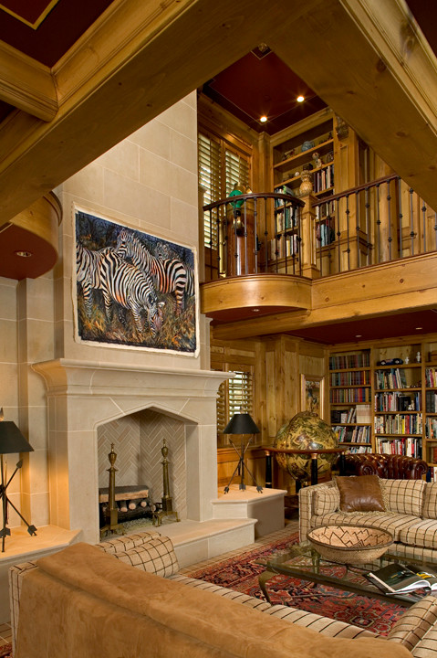 A luxury home library in a Medina lake house.