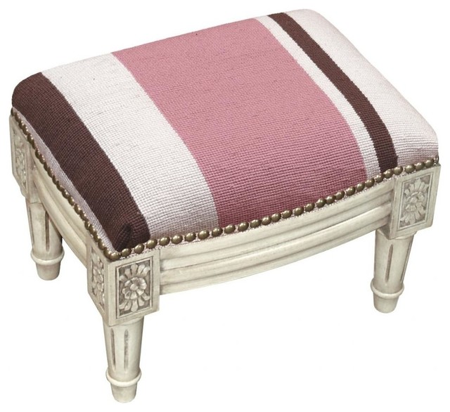 Stripes Wool Needlepoint Antique White Wash Wooden Footstool