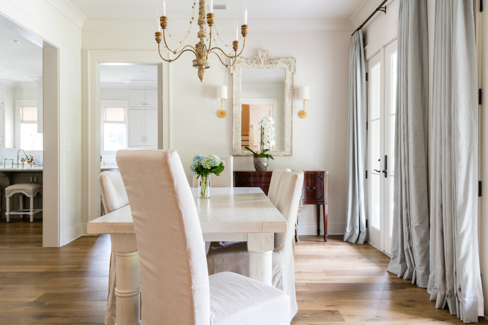 Inspiration for a transitional dining room in Miami with white walls, medium hardwood floors and brown floor.