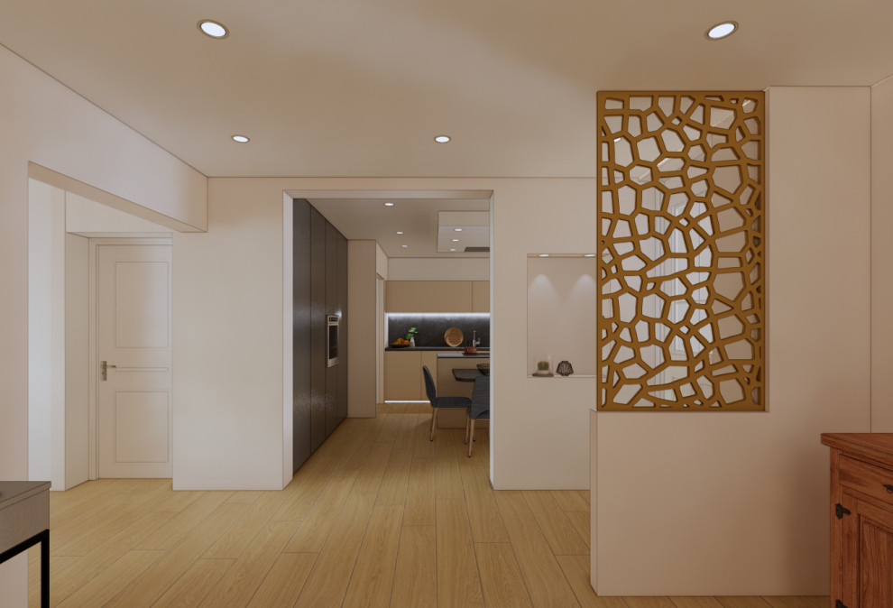 Design ideas for a mid-sized contemporary foyer in Strasbourg with beige walls, light hardwood floors, a single front door, a white front door and beige floor.