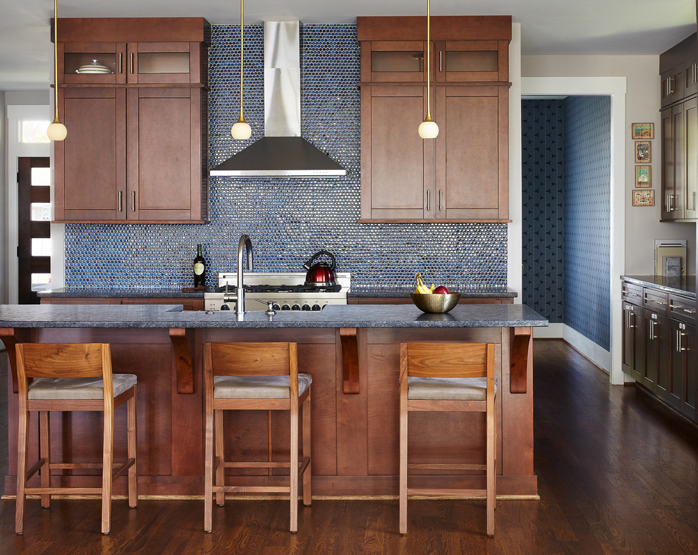Kitchen - mid-sized transitional brown floor and dark wood floor kitchen idea in Nashville with granite countertops, stainless steel appliances, an island, dark wood cabinets, multicolored backsplash and mosaic tile backsplash