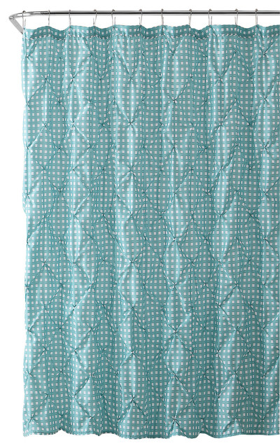 Aqua Blue and White Fabric Shower Curtain Farmhouse Gingham with Pintuck Design 