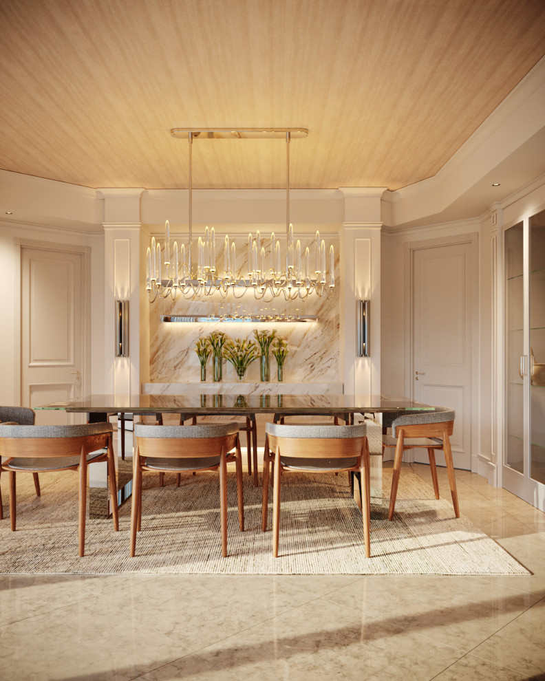 Aménagement d'une salle à manger moderne avec un sol en marbre, un sol beige, un plafond en bois et du papier peint.