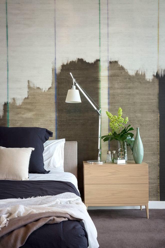 Design ideas for a contemporary bedroom in Melbourne with multi-coloured walls.