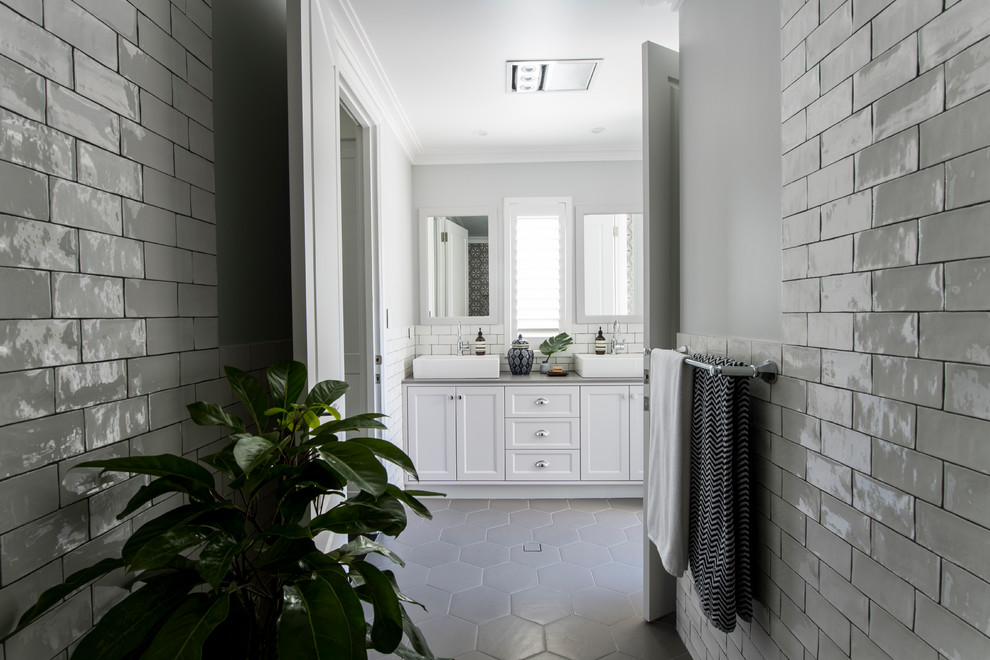 Transitional master bathroom in Perth with shaker cabinets, white cabinets, white tile, subway tile, a vessel sink, granite benchtops, grey floor, grey walls, grey benchtops and porcelain floors.
