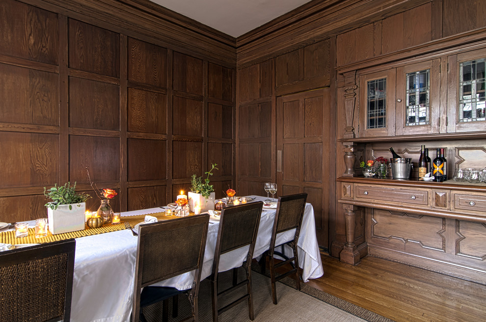 Photo of a traditional dining room in San Francisco with dark hardwood floors.